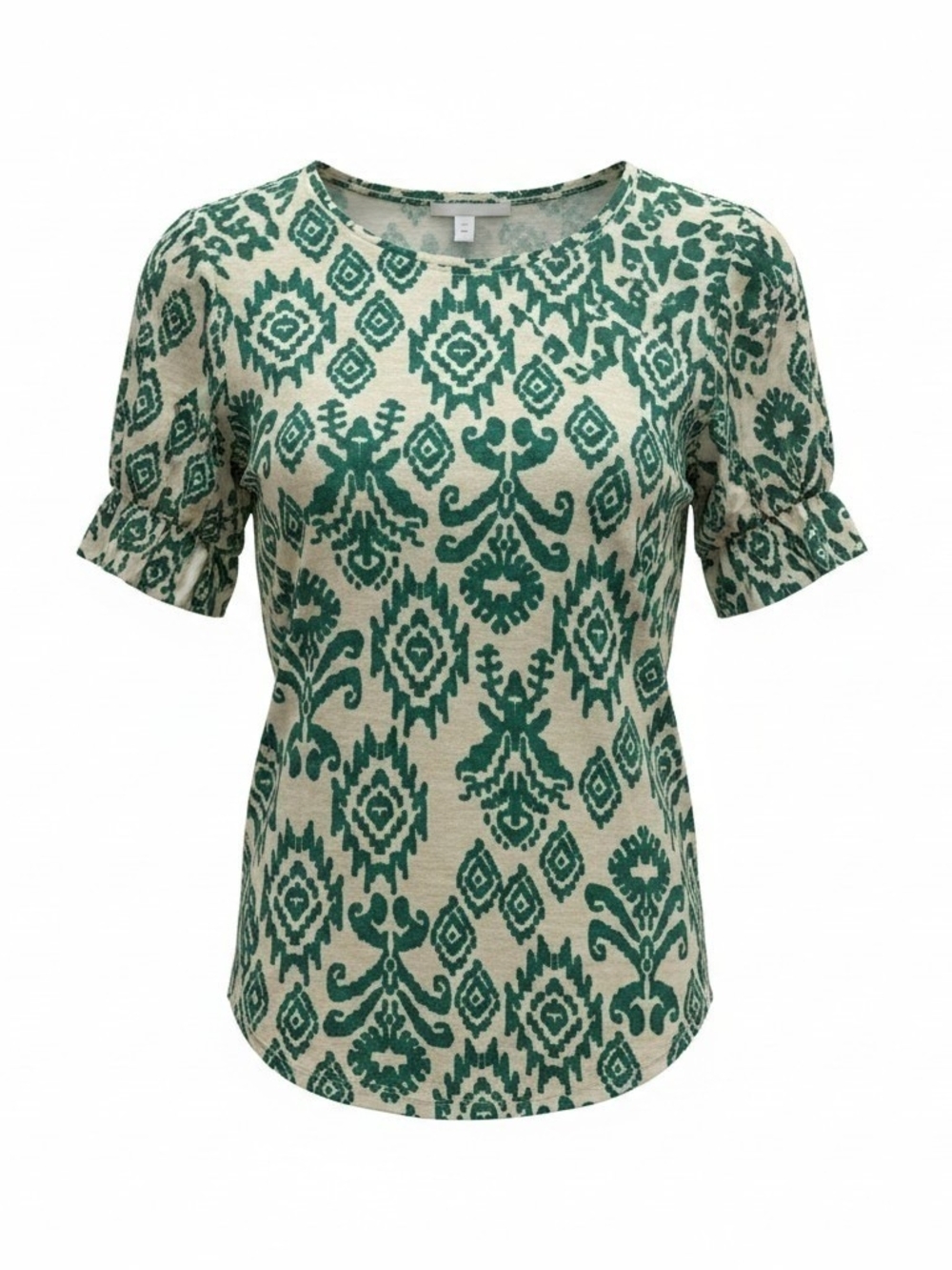 Cupio Cream and Green Ikat Short Sleeve Blouse - Small Petite